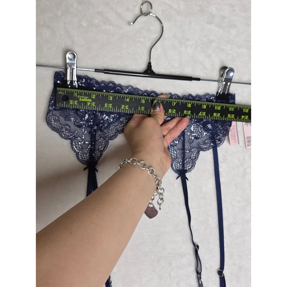 Victoria's Secret‎ NWT Dream Angels Navy Silver Metallic Lace Garter  Belt XS/S